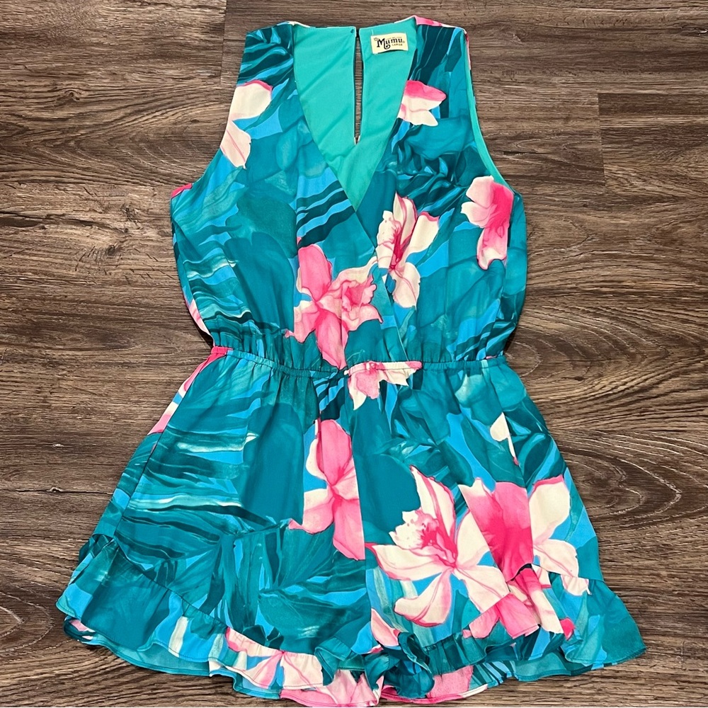 Show Me Your Mumu Teal Floral Romper with Pink and White Blooms